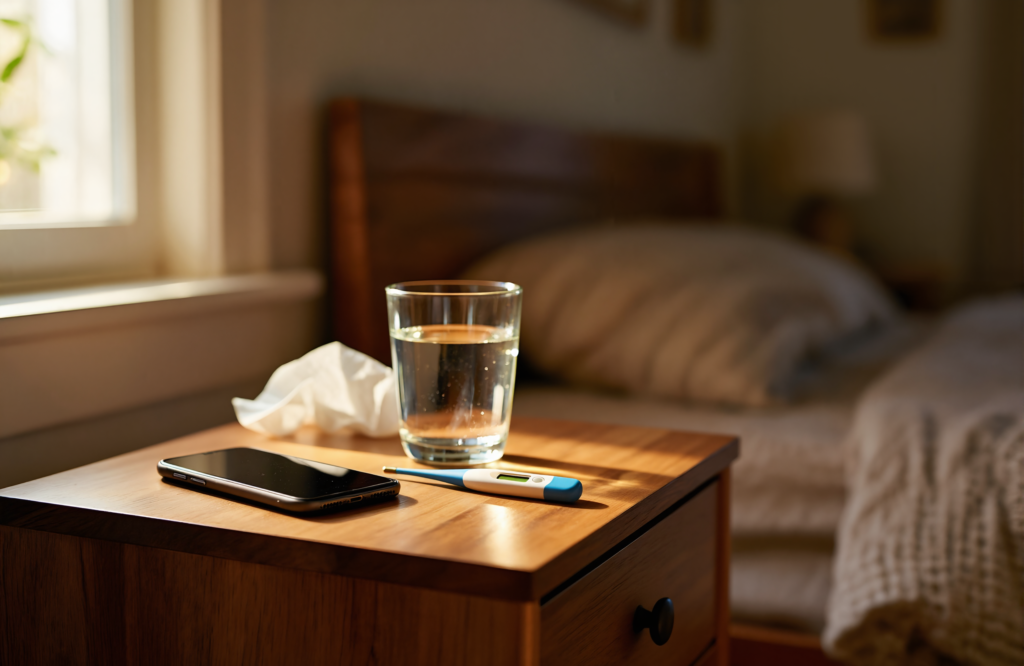 A glass of water, phone and tissues on a bedroom nightstand in soft morning light