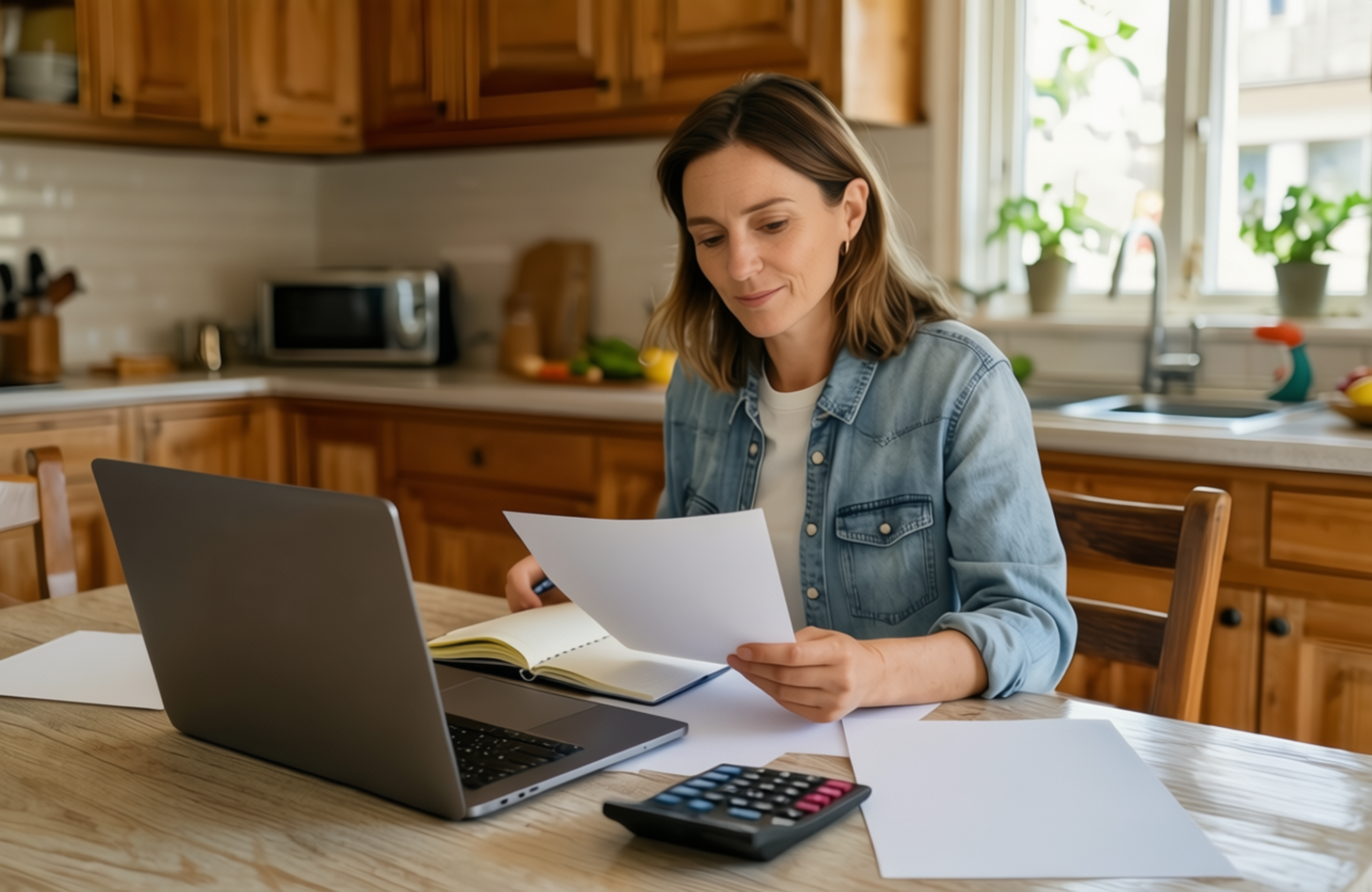 A woman reviewing medical bills and paperwork at her kitchen table with a laptop and calculator