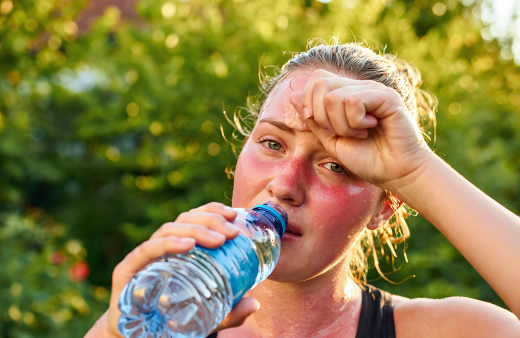 Overheated woman drinking water in a sunny backyard on a hot Louisiana day