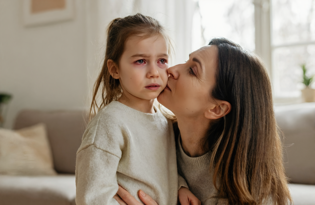 Mother comforting her young daughter who has red, irritated pink eye at home in Covington