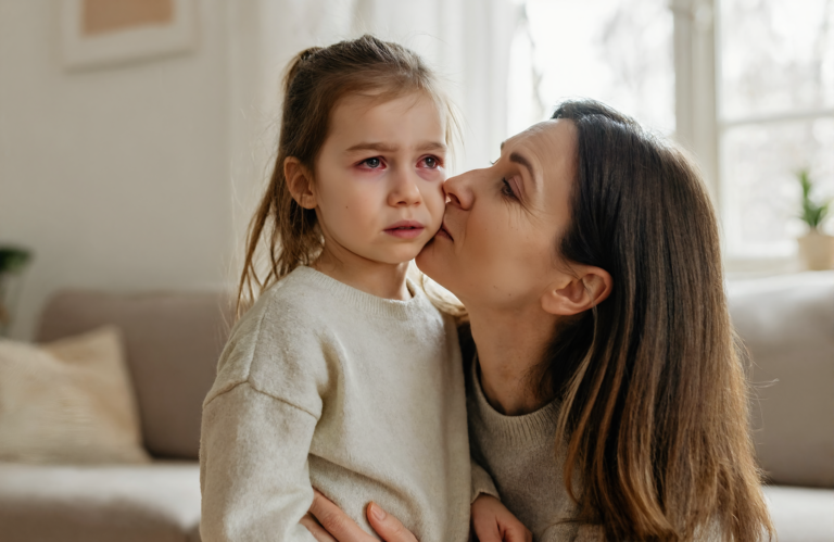 Mother comforting her young daughter who has red, irritated pink eye at home in Covington