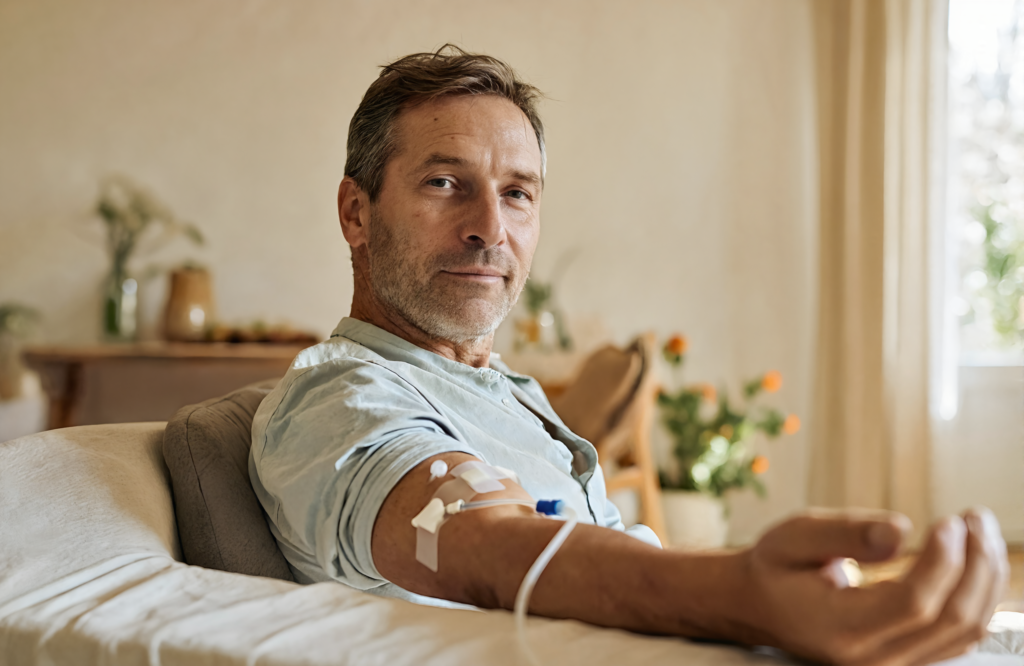 Man resting comfortably while receiving IV hydration fluids through his arm