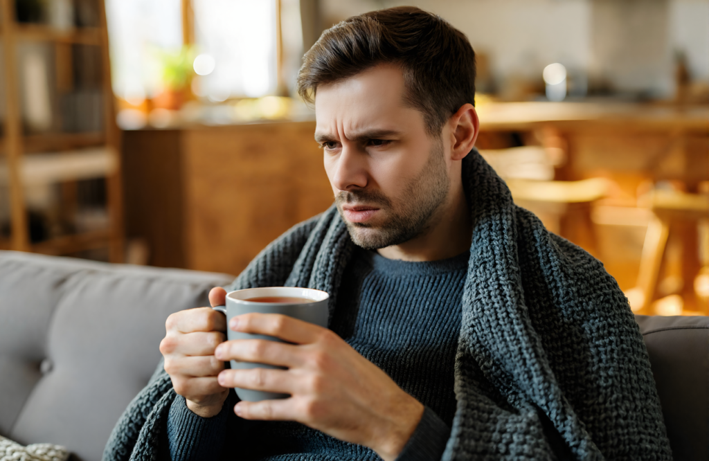 Man with a head cold resting under a blanket with tea at home in Covington