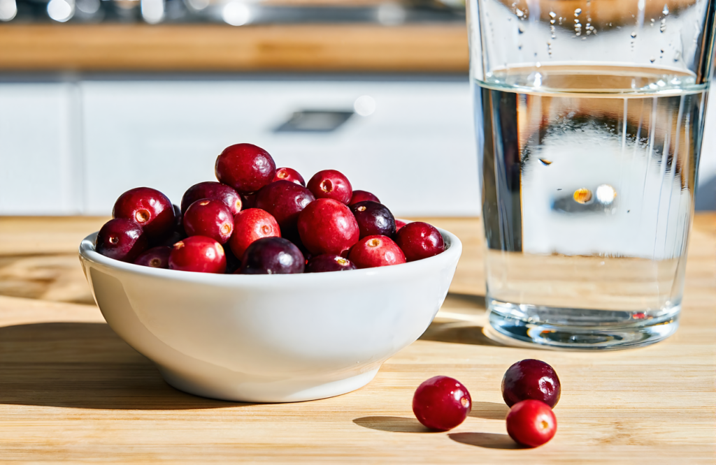 Fresh cranberries in a white bowl beside a glass of water on a bright kitchen counter