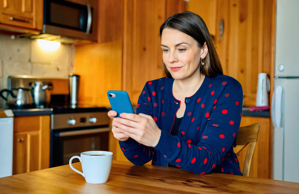 A woman checking urgent care hours on her phone at a kitchen table near Covington, LA