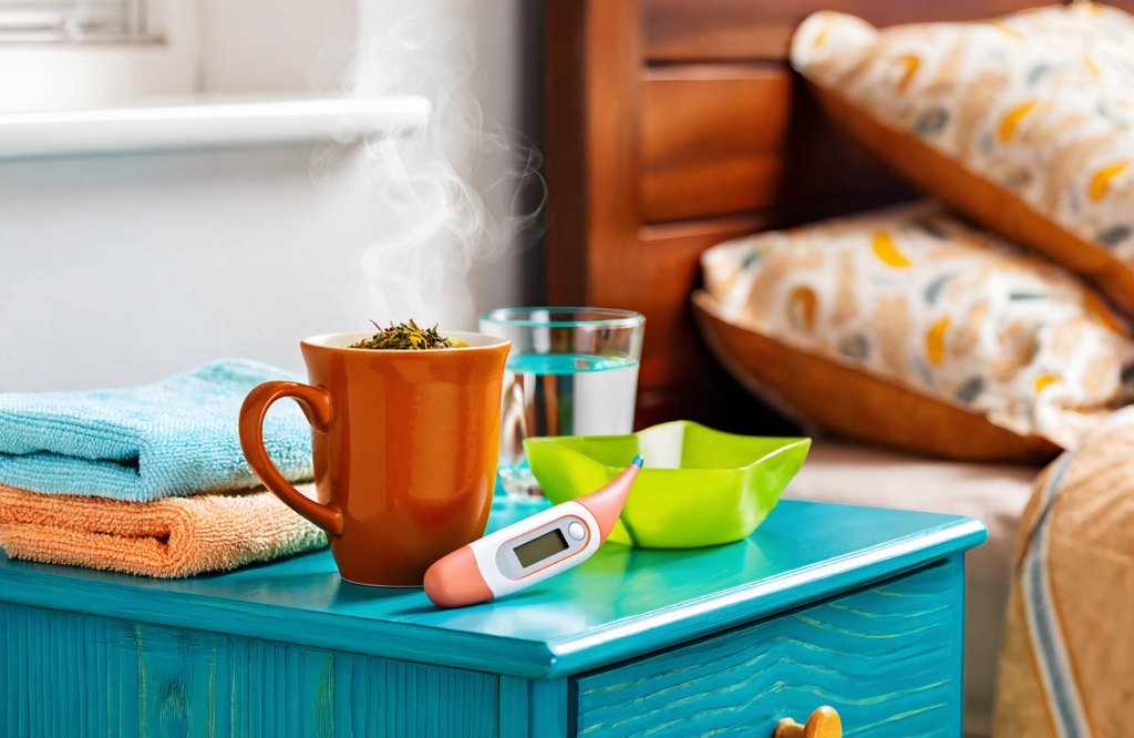 Home nightstand with herbal tea, a thermometer, a washcloth, and water for ear infection comfort care