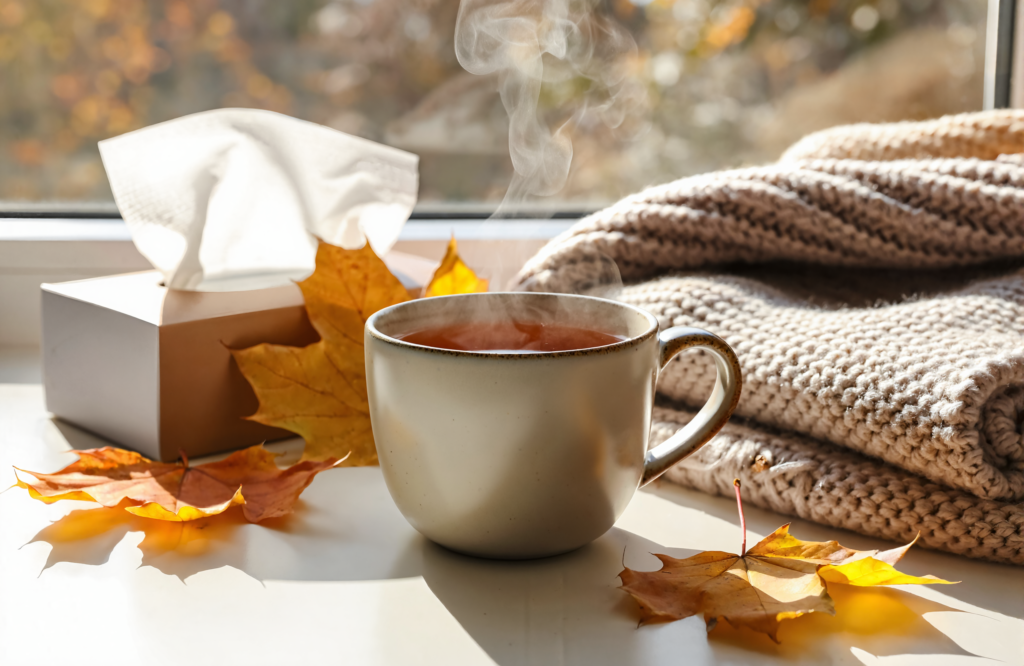 Warm mug of tea, a knit blanket, and tissues on a sunny windowsill during flu season on the Northshore