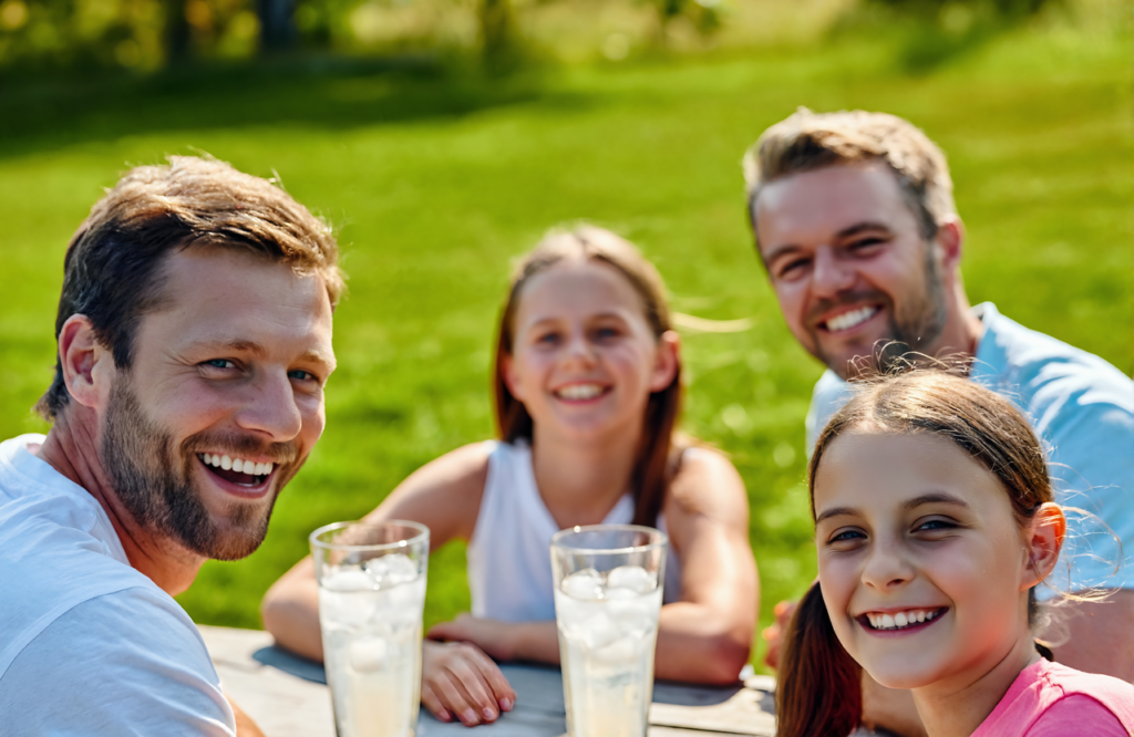 Family enjoying a safe summer cookout at a backyard picnic table