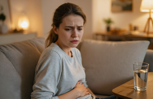 Woman with food poisoning symptoms resting at home holding her stomach