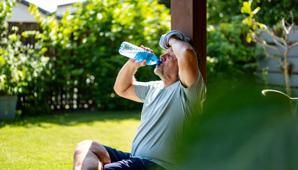 Man cooling off in the shade with a water bottle and a towel on a hot summer day