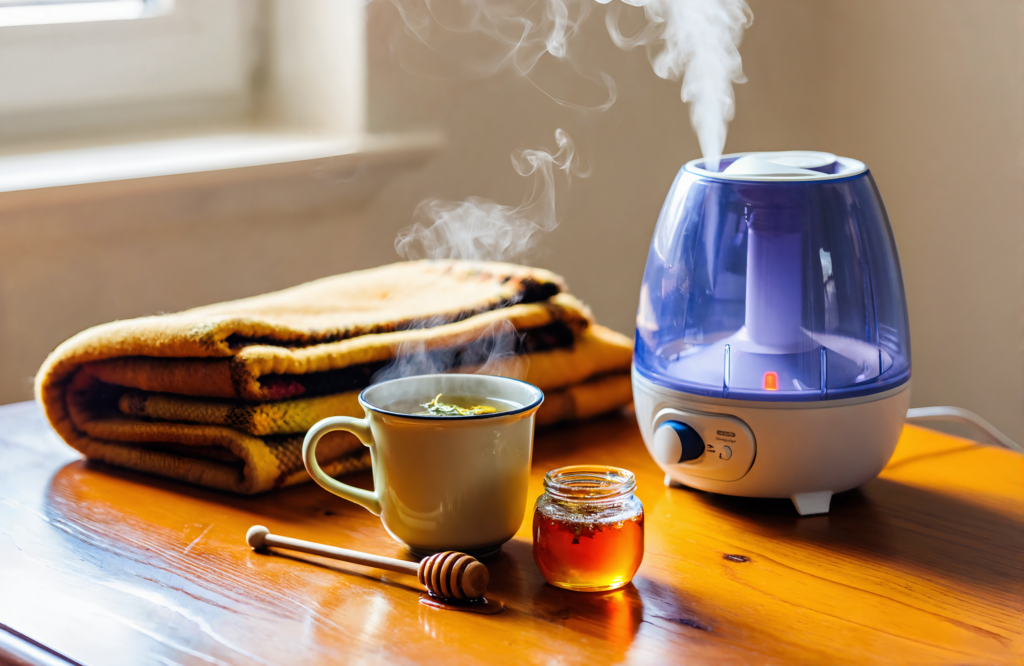 At-home bronchitis cough care with herbal tea, honey, and a cool-mist humidifier