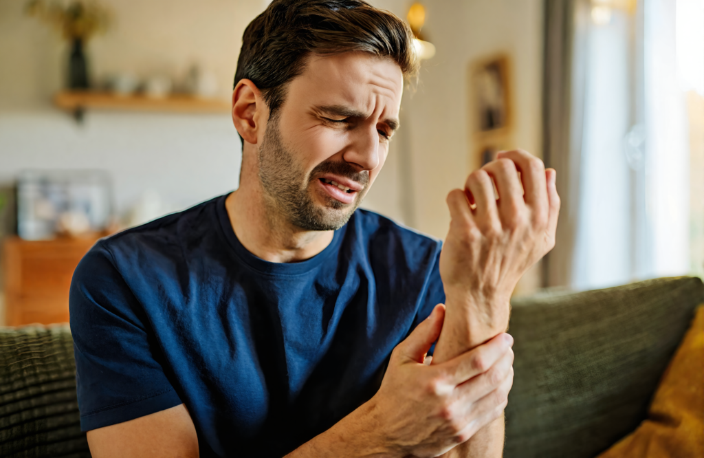 Man at home holding his sore wrist and forearm, a common reason to need an urgent care x-ray in Covington