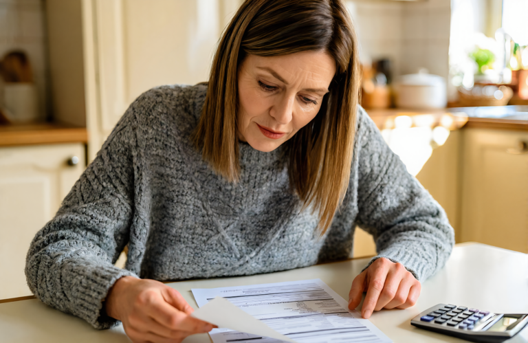 Woman at her kitchen table reviewing a medical bill with a calculator, weighing an x-ray cost without insurance