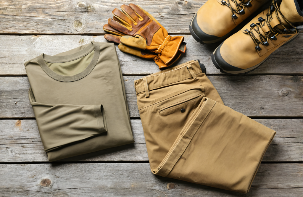 Flat-lay of a long-sleeve shirt, work gloves, long pants, and boots to prevent poison ivy