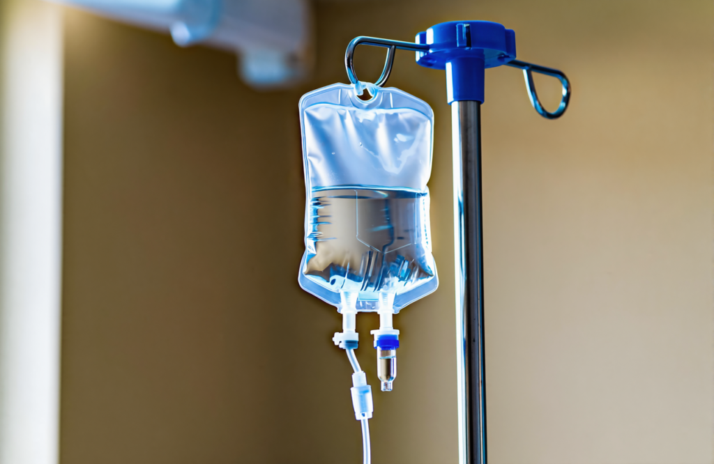 Clear IV drip fluid bag and line on a stand for hydration therapy