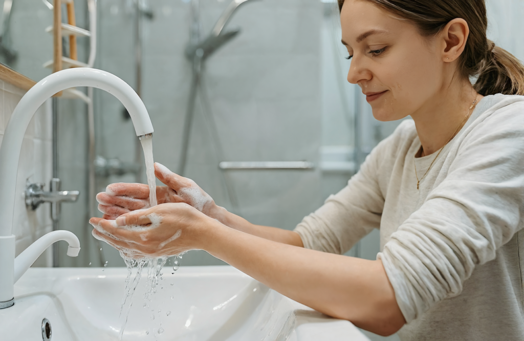 Woman washing her hands with soap to help stop pink eye from spreading