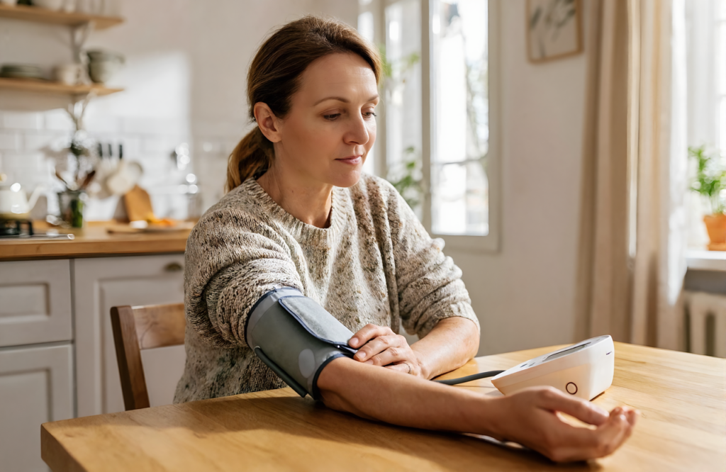 Woman checking her blood pressure at home with an upper-arm monitor between preventive care visits