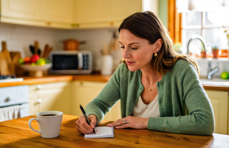 Woman reviewing a health checklist at her kitchen table while choosing a primary care doctor near Slidell, LA