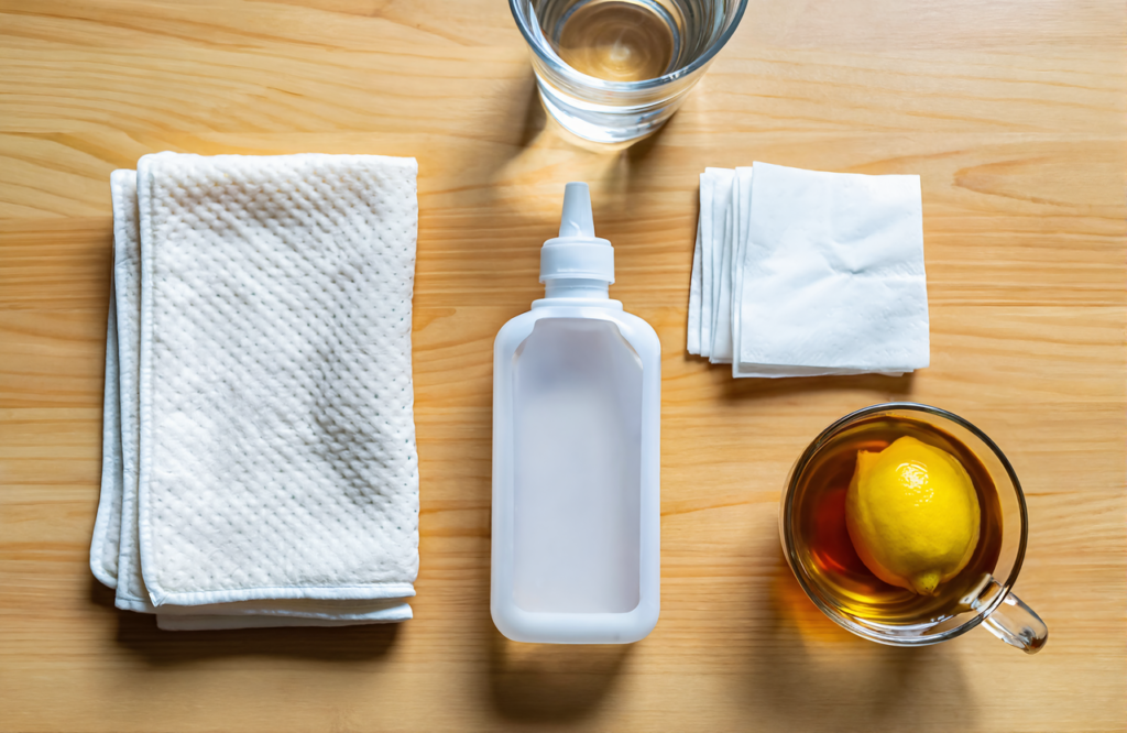 At-home sinus relief items: saline rinse, warm compress, tissues, water, and tea