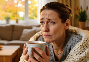 Woman with sinus infection symptoms resting at home with a warm mug of tea