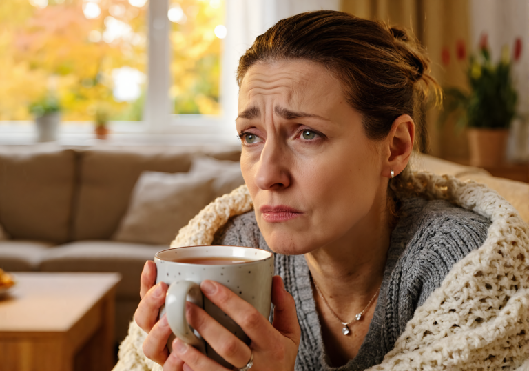 Woman with sinus infection symptoms resting at home with a warm mug of tea
