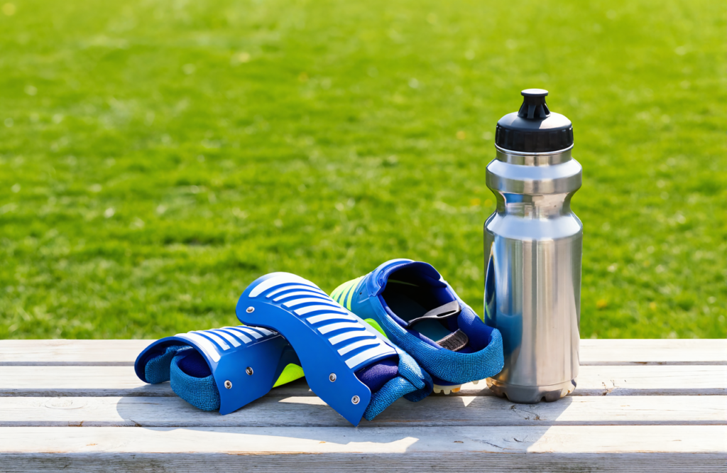 Youth soccer cleats, shin guards, and a water bottle on a wooden bench