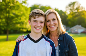 Smiling teen athlete in a football jersey with his mother outdoors in a Covington park
