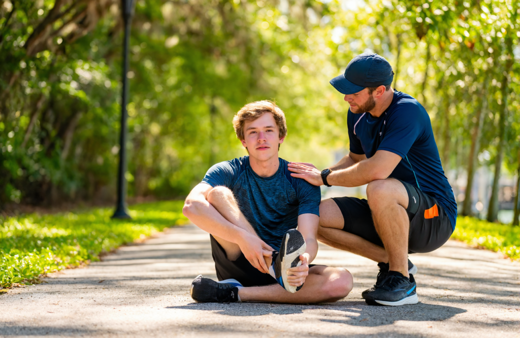 Young man on an outdoor Northshore trail holding his ankle after a twist while a friend helps