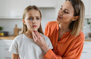 Covington LA mother checking her young daughter's sore throat for strep at home