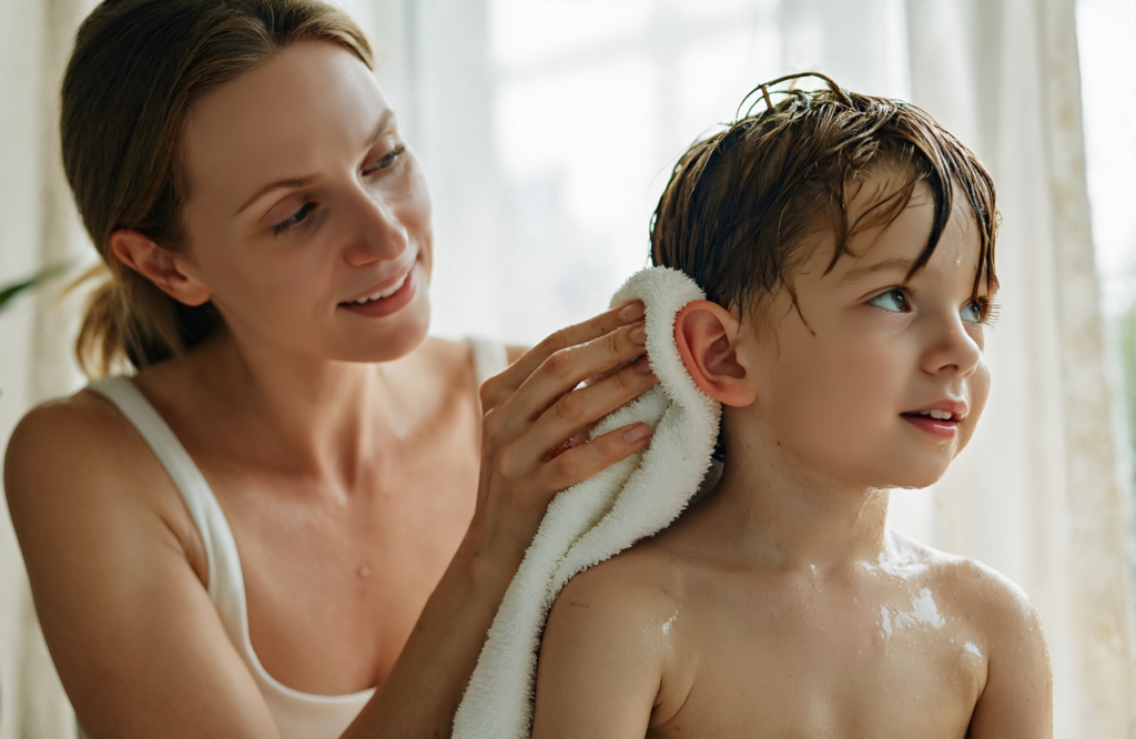 Mother gently drying her son's ear with a towel after a swim to help prevent swimmer's ear