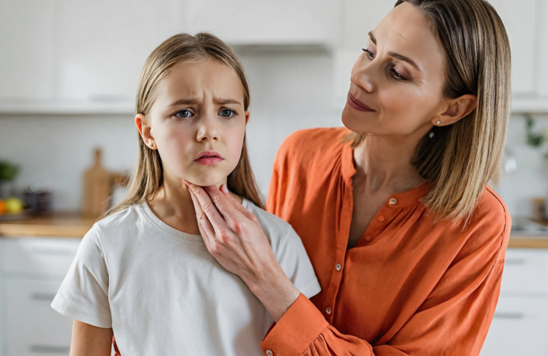 Covington LA mother checking her young daughter's sore throat for strep at home