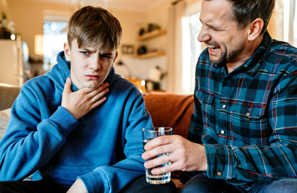Father handing a glass of water to his teenage son with a sore throat at home near Covington LA