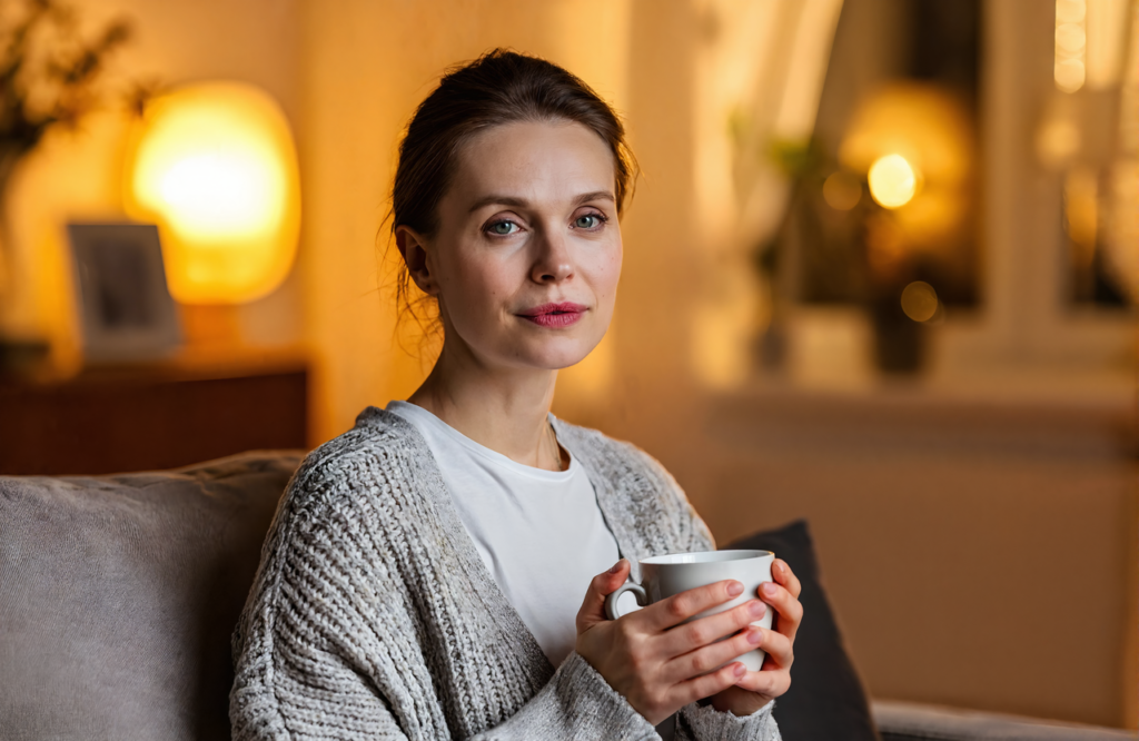 Woman with a cold resting on her couch holding a warm mug