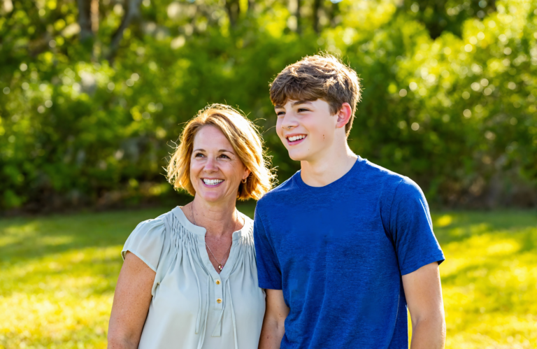 White mother and teenage son smiling outdoors near Franklinton Louisiana