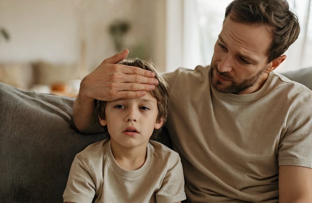 Father checking his young son's forehead for fever at home near Madisonville
