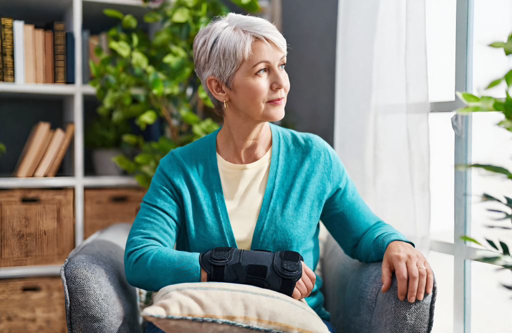 Older woman in a teal cardigan resting her injured wrist in a black wrist brace on a pillow beside a sunny window