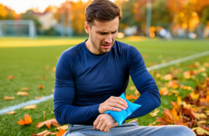 Man in a navy long-sleeve shirt holding a blue ice pack on a possibly sprained or broken wrist while sitting on an autumn sports field