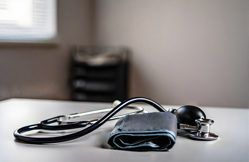 Blood pressure cuff and stethoscope on a desk, equipment used during a DOT physical exam