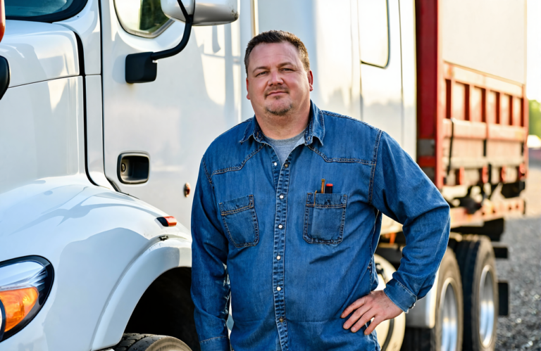 Truck driver in a denim work shirt standing beside his semi, the kind of commercial driver who needs a DOT physical
