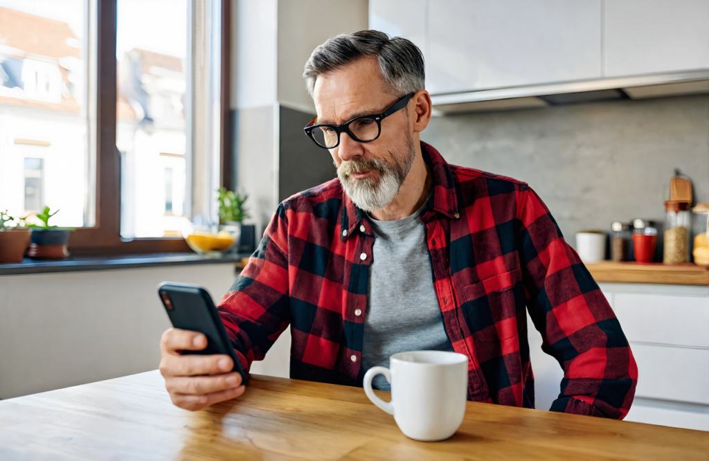 Bearded commercial truck driver in a red plaid flannel shirt checking his phone at his kitchen table with a coffee mug