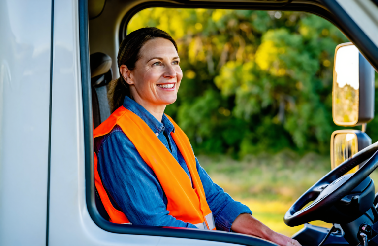 Commercial truck driver in an orange safety vest smiling from her truck cab, the kind of driver who needs a DOT physical near Hammond, LA