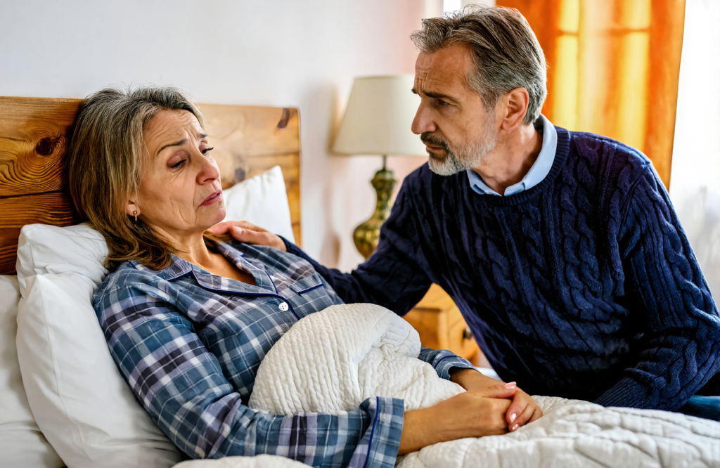 Older man in a navy cable-knit sweater resting a hand on his wife's shoulder as she sits up in bed with the flu