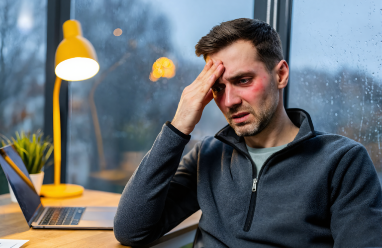 Man in a gray fleece pullover pressing a hand to his forehead at his home office desk as flu symptoms set in