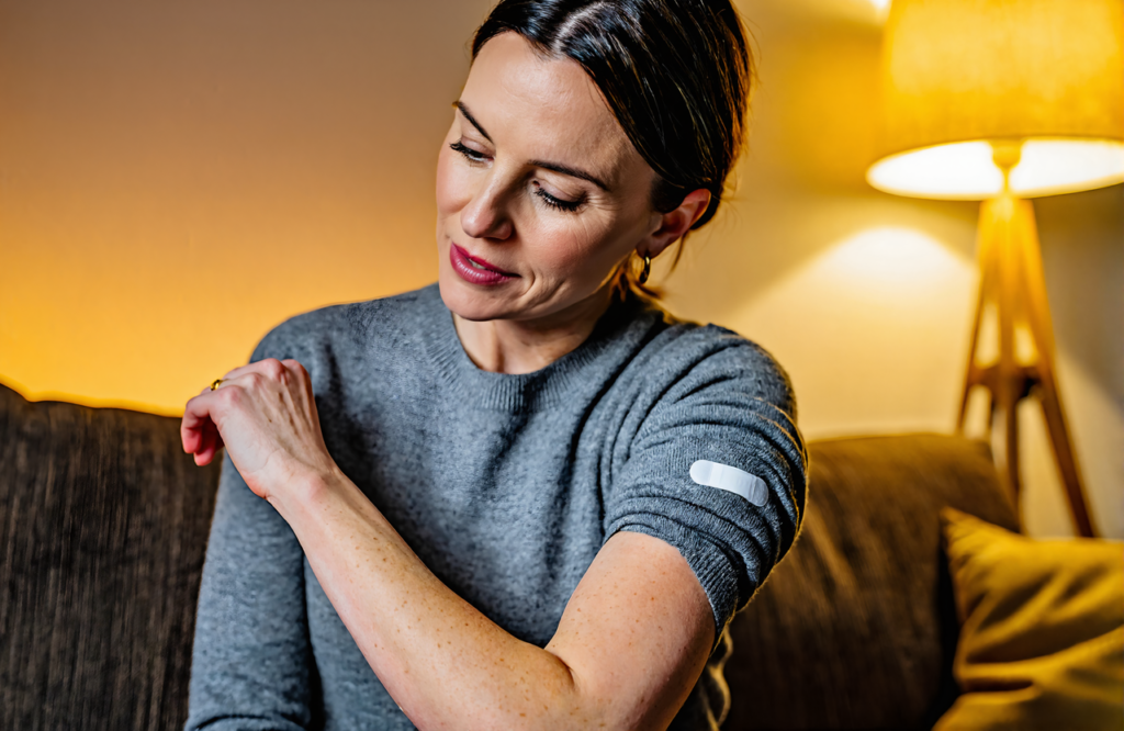 Woman checking a small bandage on her arm at home in the evening near Covington, LA