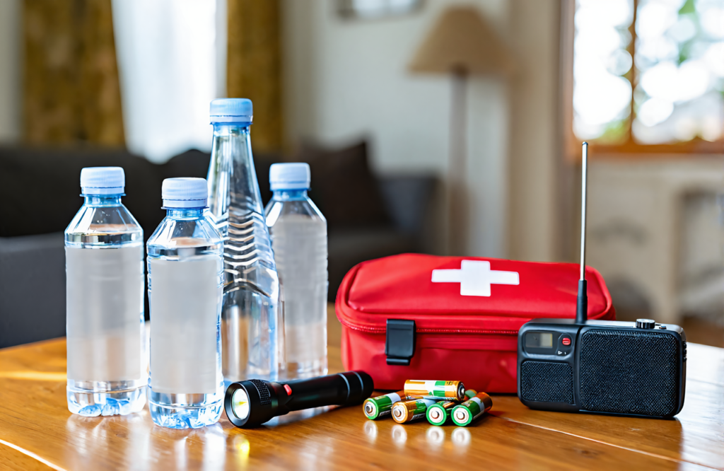 Hurricane preparedness supply kit with water, flashlight, batteries, first aid kit, and radio