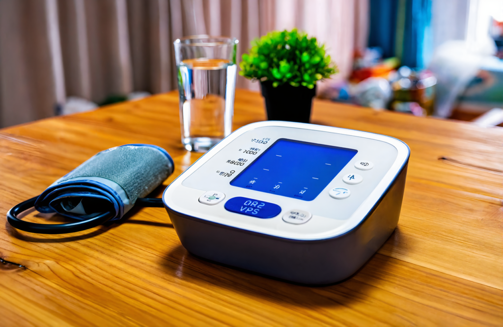 A home blood pressure monitor on a wooden table, a simple preventive care check between visits