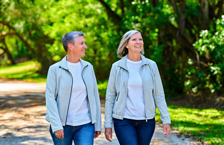 A Mandeville LA couple walking outdoors on the Louisiana Northshore, staying active for preventive health