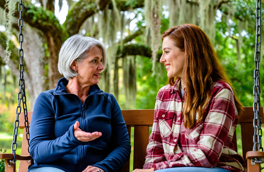 A mother and her adult daughter talk on a wooden porch swing beneath moss-draped oaks, the kind of family health history chat worth having before an annual physical