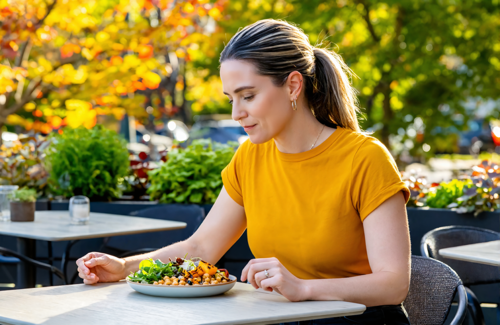 Woman in a mustard yellow t-shirt with a plant-based grain bowl of chickpeas, roasted squash and greens on a sunny autumn patio