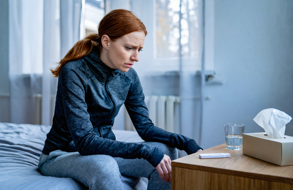 Worried woman in a charcoal zip-up hoodie sitting on the edge of her bed, eyeing a home rapid test on the nightstand beside tissues and water
